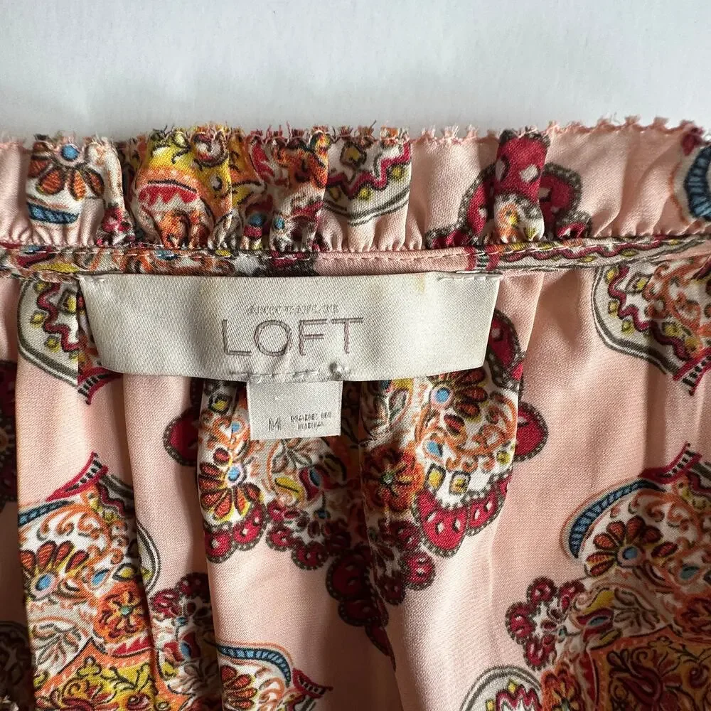 LOFT Peplum Tank Womens Medium Pink Medallion Satin Tiered Babydoll Ruffled Top